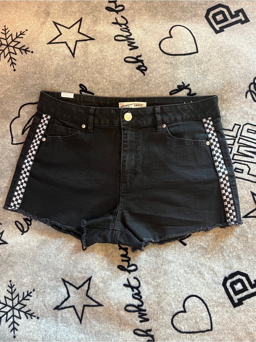 Almost Famous Black High-Rise Denim Shorts with Checkered Trim Size 13
